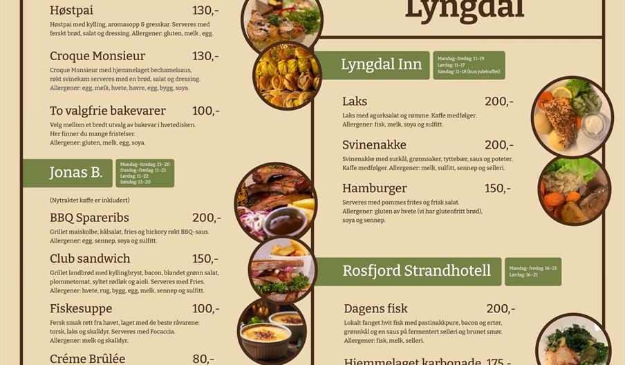 Informasjonsplakat for Smagen av Lyngdal 2025, med menyer og retter fra lokale spisesteder. Informasjonsplakat for Smagen av Lyngdal 2025, med menyer og retter fra lokale spisesteder.