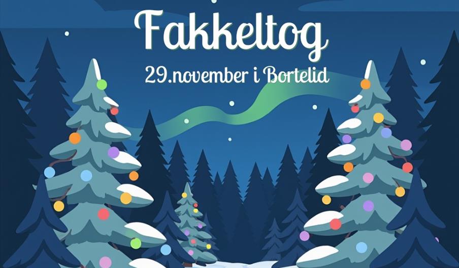 Bilde av en tegnet plakat med blå bakgrunn og grønne grantrær i skogen med lys Bilde av en tegnet plakat med blå bakgrunn og grønne grantrær i skogen med lys