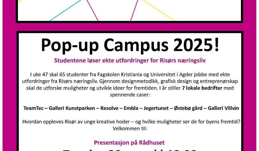 Plakat som ønsker velkommen til presentasjoner av ideer som har oppstått under Pop-up uken til BeyondRIsør. Velkommen den 20. november kl12.00 på Rådhuset Plakat som ønsker velkommen til presentasjoner av ideer som har oppstått under Pop-up uken til BeyondRIsør. Velkommen den 20. november kl12.00 på Rådhuset