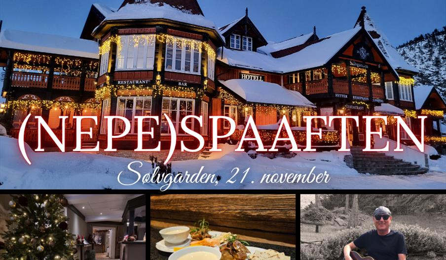 Stort bilde av Sølvgarden hotell en vinterkveld, små bilder av juletre innendørs, tallerken med mat, og artisten med gitar. Stort bilde av Sølvgarden hotell en vinterkveld, små bilder av juletre innendørs, tallerken med mat, og artisten med gitar.